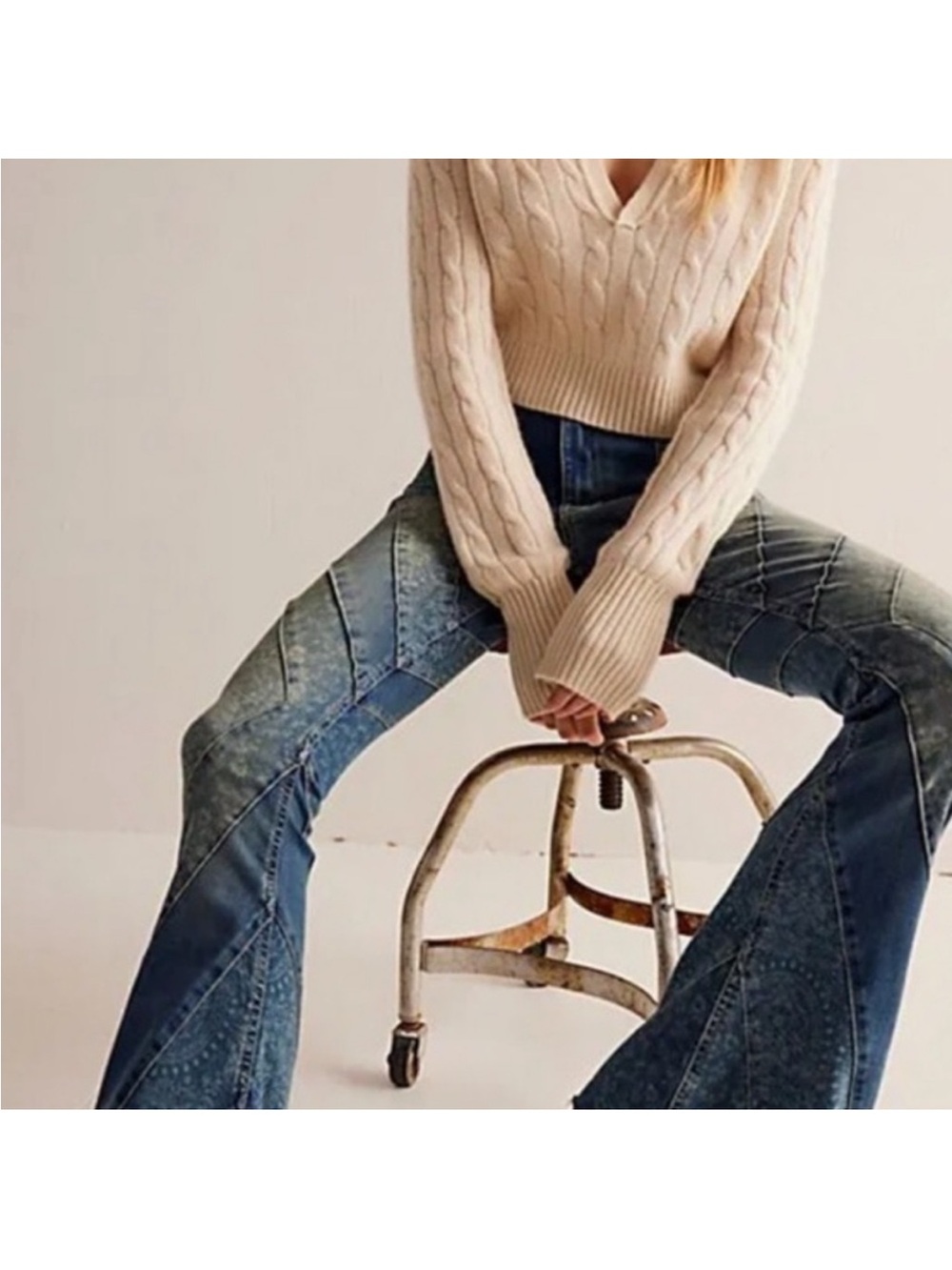 We The Free Two-Tone Diagonal Panel Flare Jeans in Blue
